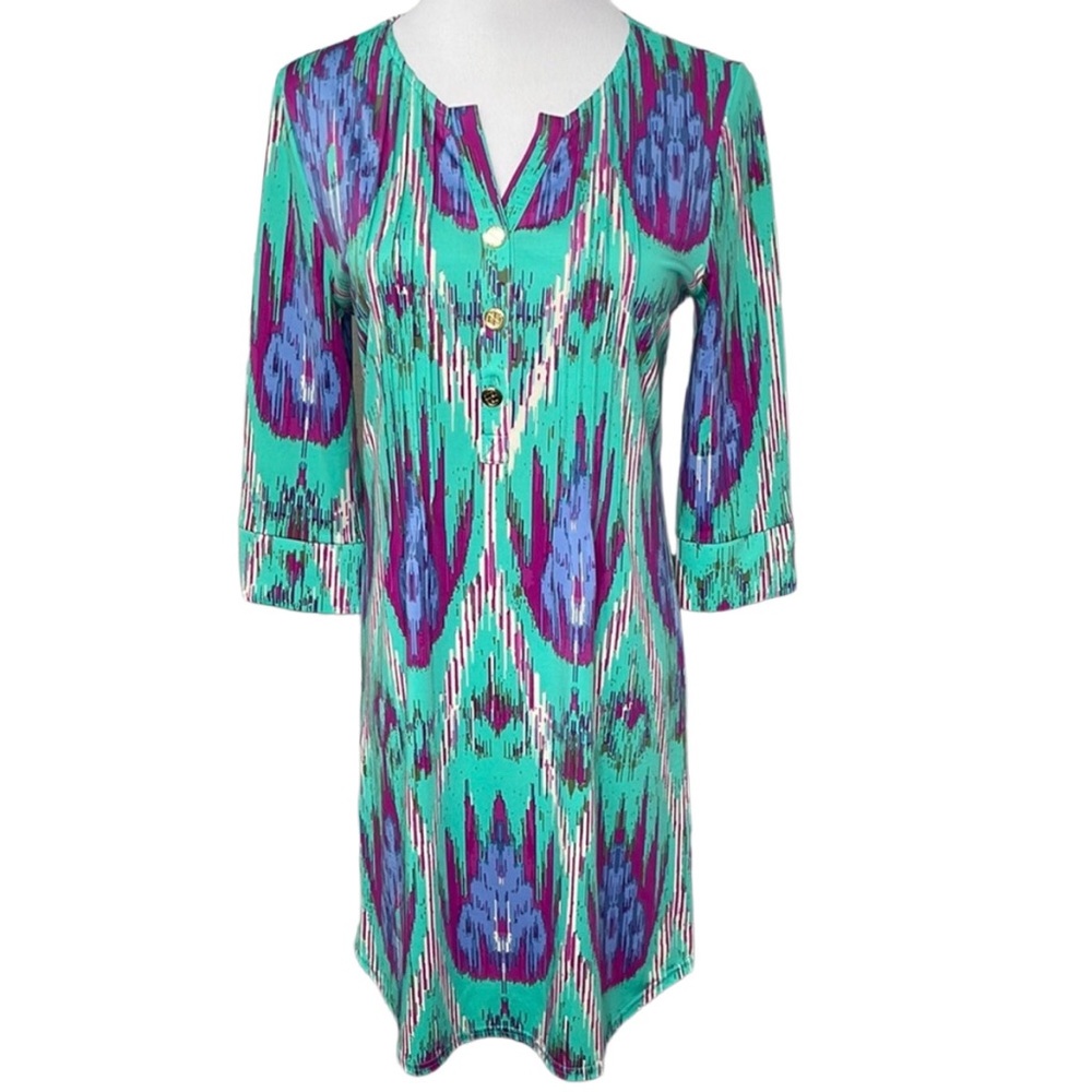 Tracy Negoshian Multicolored Split Neckline 3/4 Sleeve Casual Shift Dress